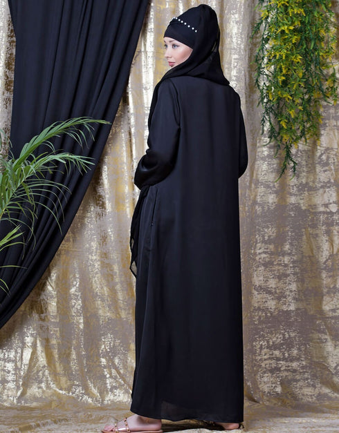 Dubai Front Embroidered Zip At Neck Nida Abaya White